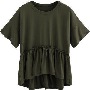 Women's Loose Ruffle Hem Short Sleeve High Low Peplum Blouse Top Army Green
